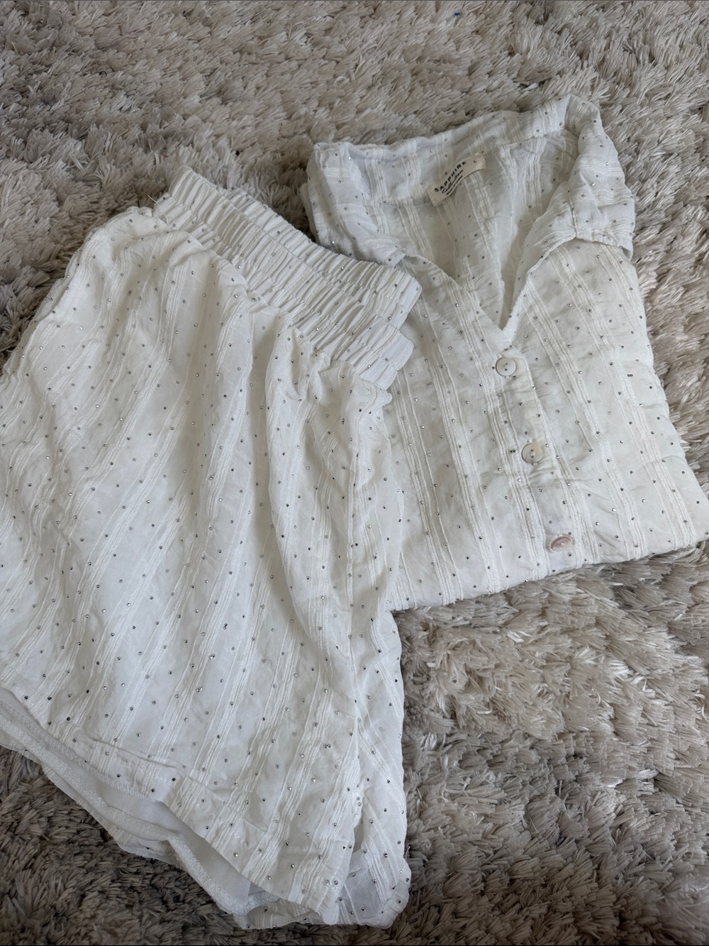 White Lightweight Sparkly Elastic-Waist Women’s Shorts & Top Set